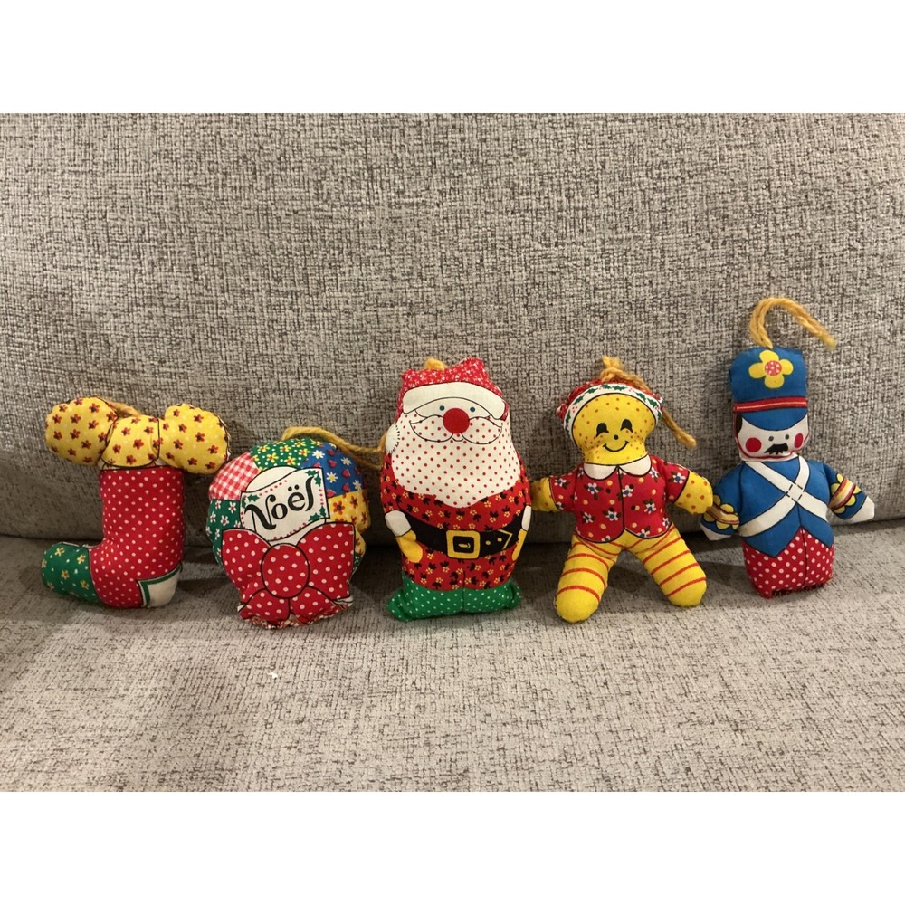 Vintage Christmas Fabric Plush Ornaments Lot 5 Santa Nutcracker Gingerbread Noel